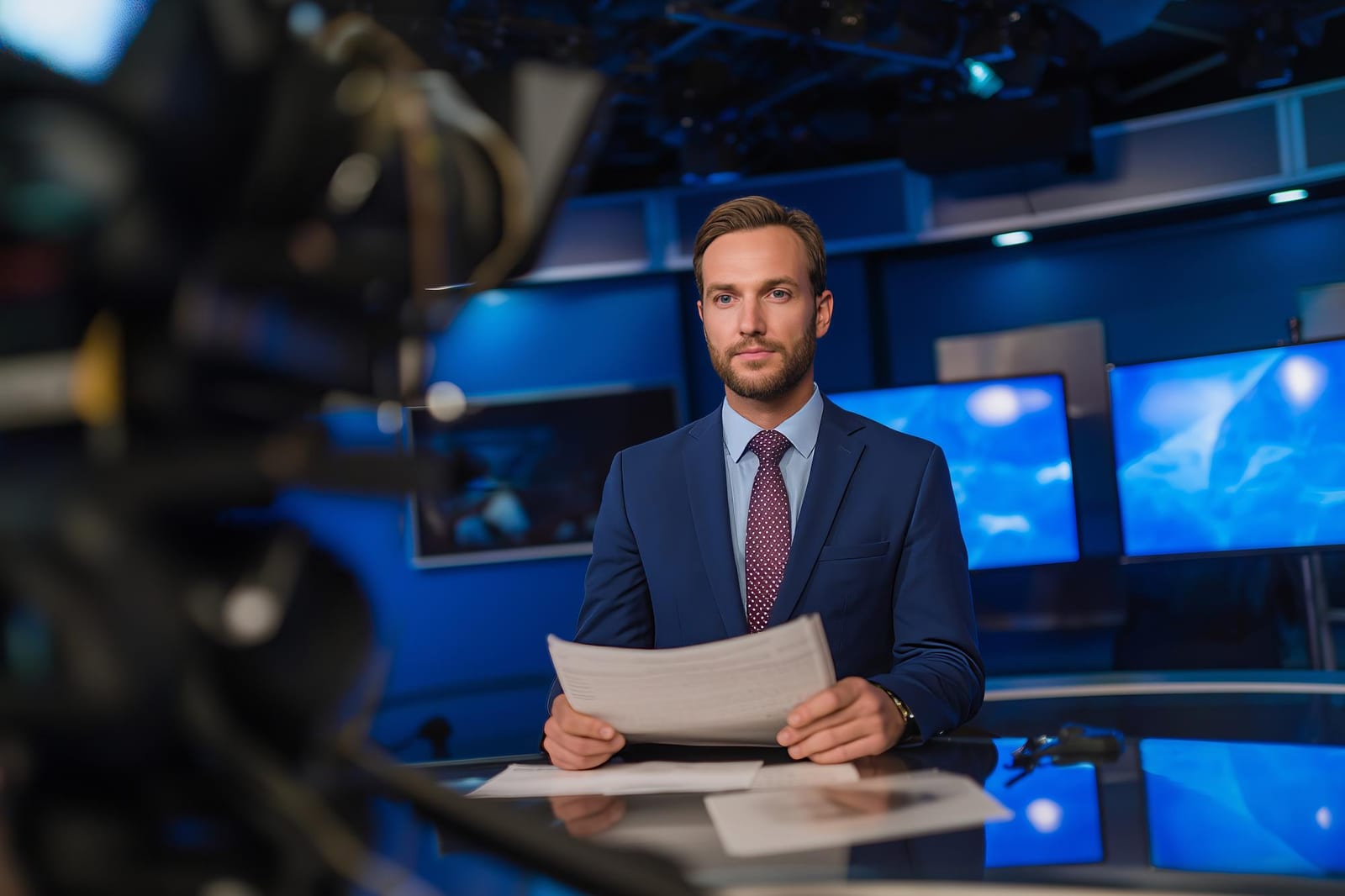 Participantes fictícios de reality show em estúdio